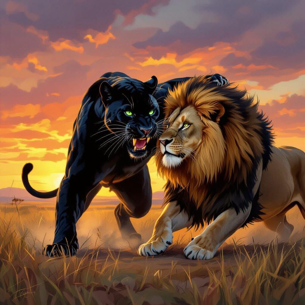 Panther Attacks Lion in Savannah Sunset