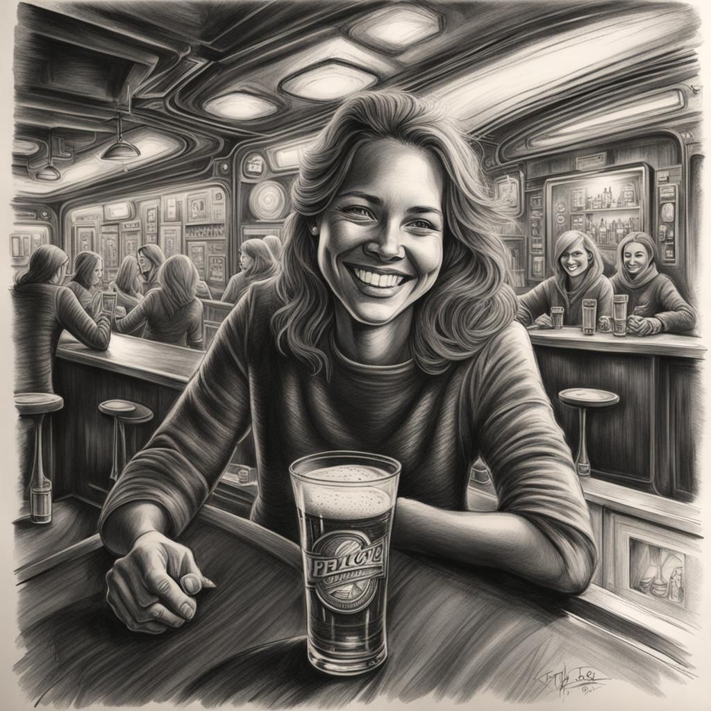 Futuristic Pub Interior Charcoal Drawing
