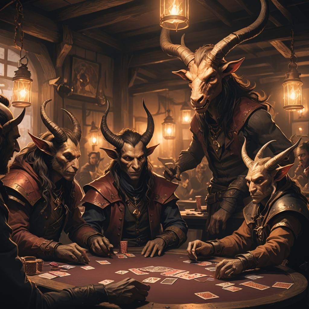 Tieflings Play Poker in Dimly Lit Tavern