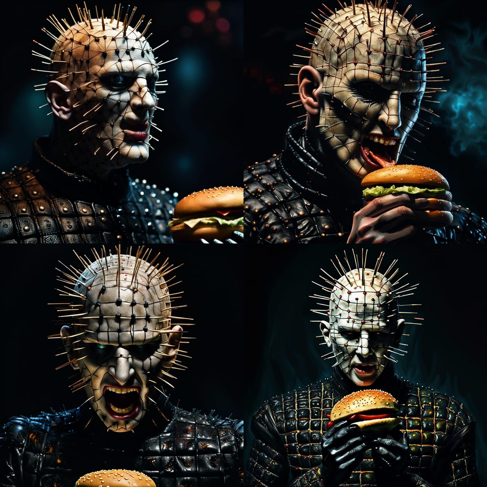 Hyperrealistic Portrait: Pinhead's Hamburger Indulgence