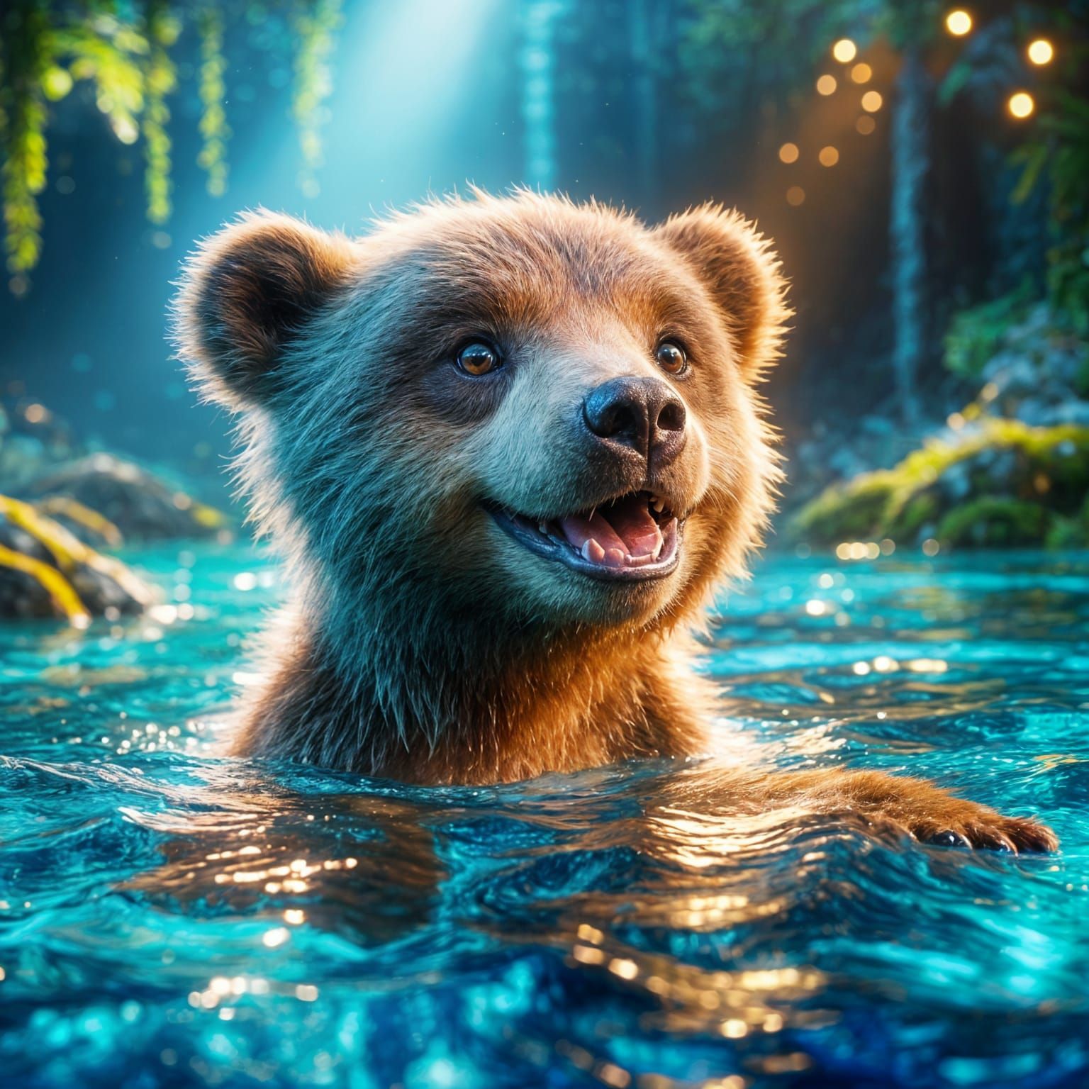 Bear Cub's Joyful Swim: 3D Digital Art