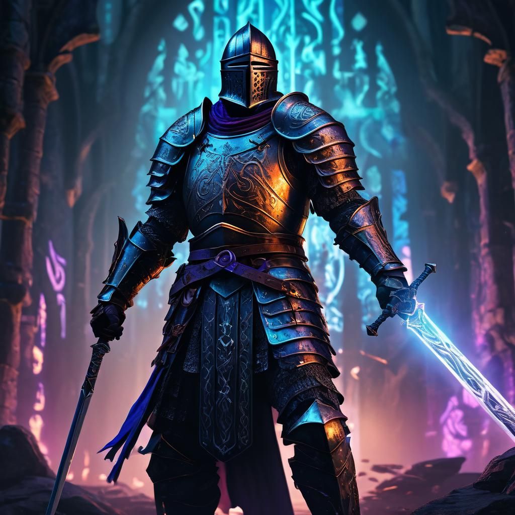 Knight and Mage Casting Runes in a Neon Fantasy