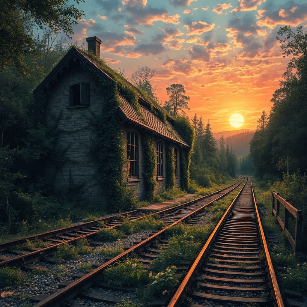 Abandoned Stone Station in Overgrown Landscape