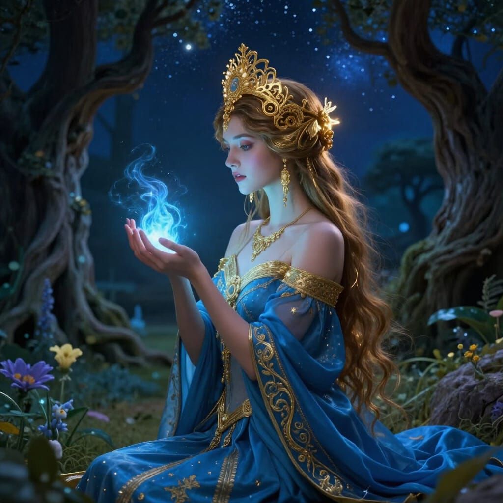 Ethereal Woman in Golden Headdress Holding Spirit