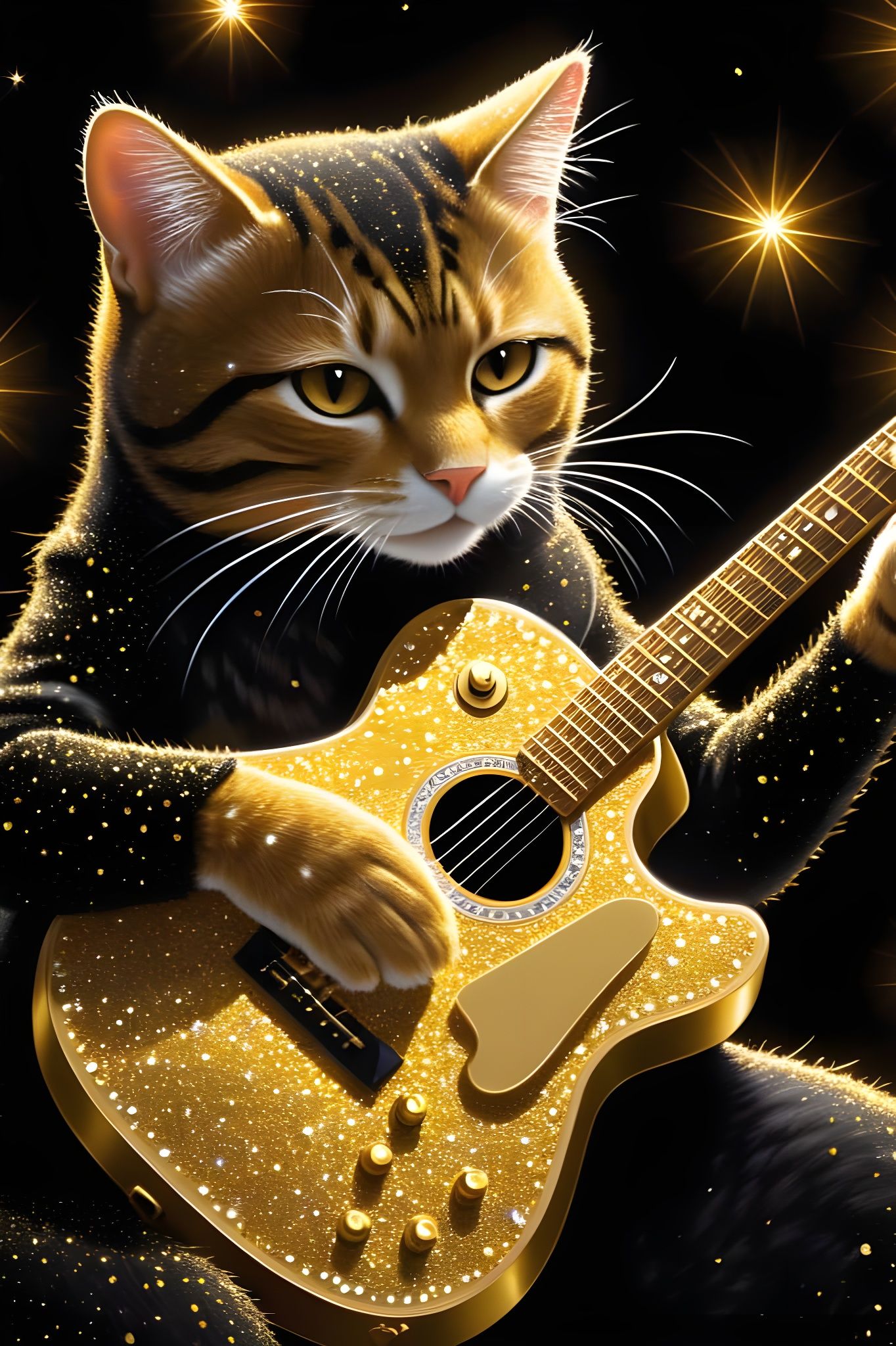 Sparkly Cat Plays Guitar Made of Light