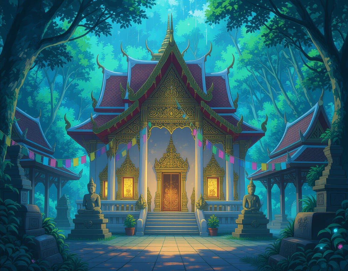 Anime-Style Thai Temple in Bioluminescent Jungle