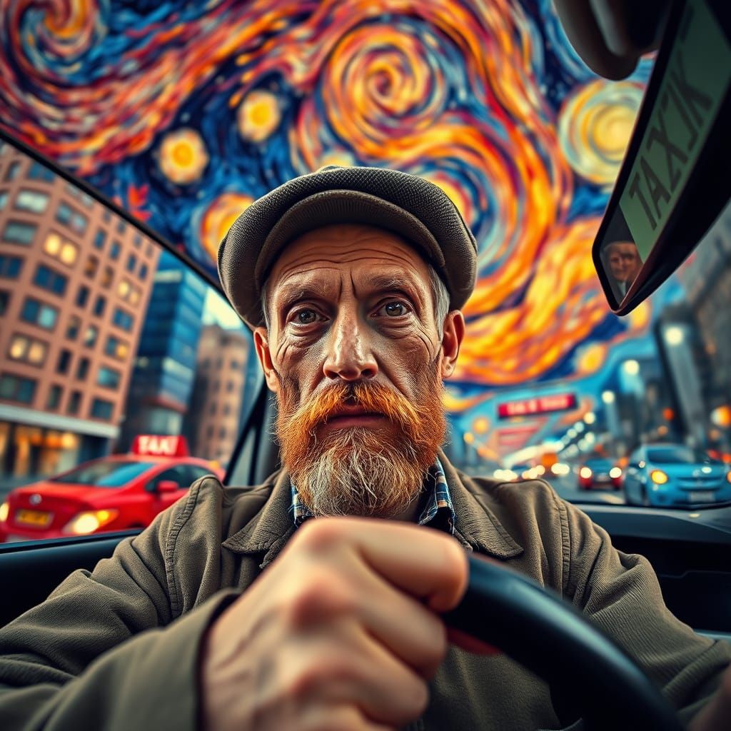 Van Gogh-esque Taxi Driver in Starry Cityscape