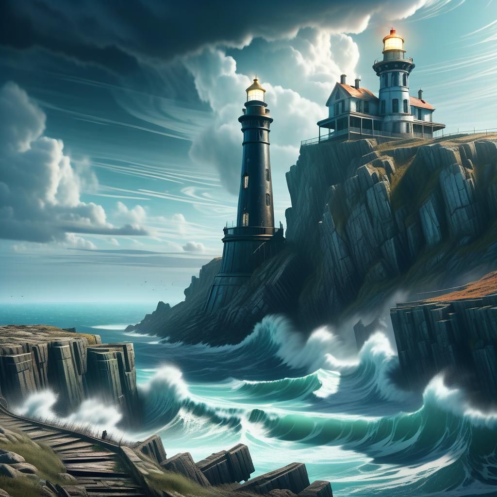 Ghostly Lighthouse on Cliff: Detailed Matte Painting