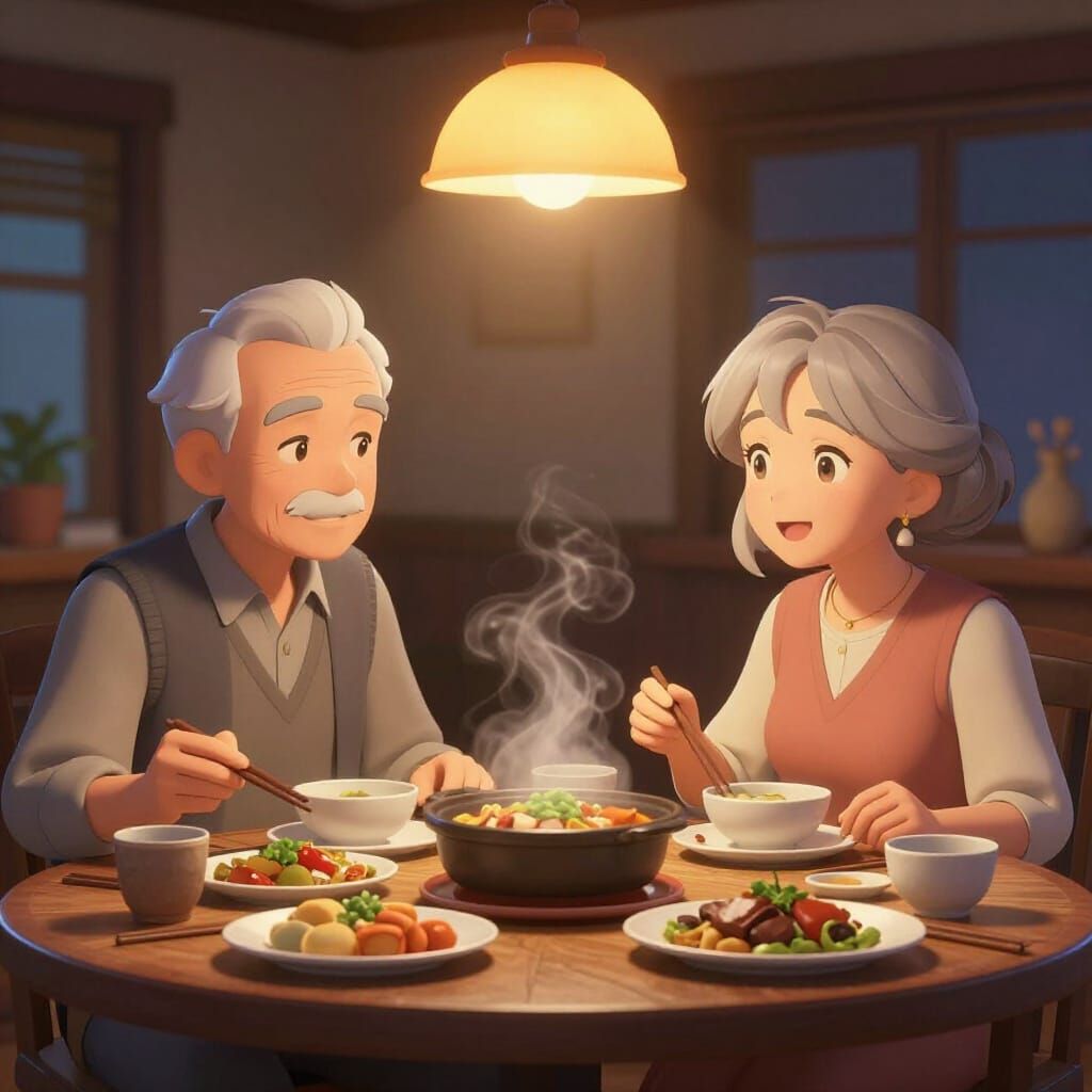 Loving Elderly Couple Enjoying a Feast in 3D Anime Style