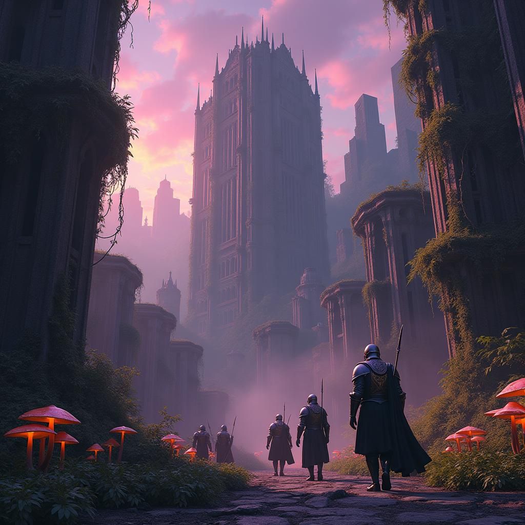 Knights Approach Overgrown Skyscraper in Gothic Art Nouveau ...