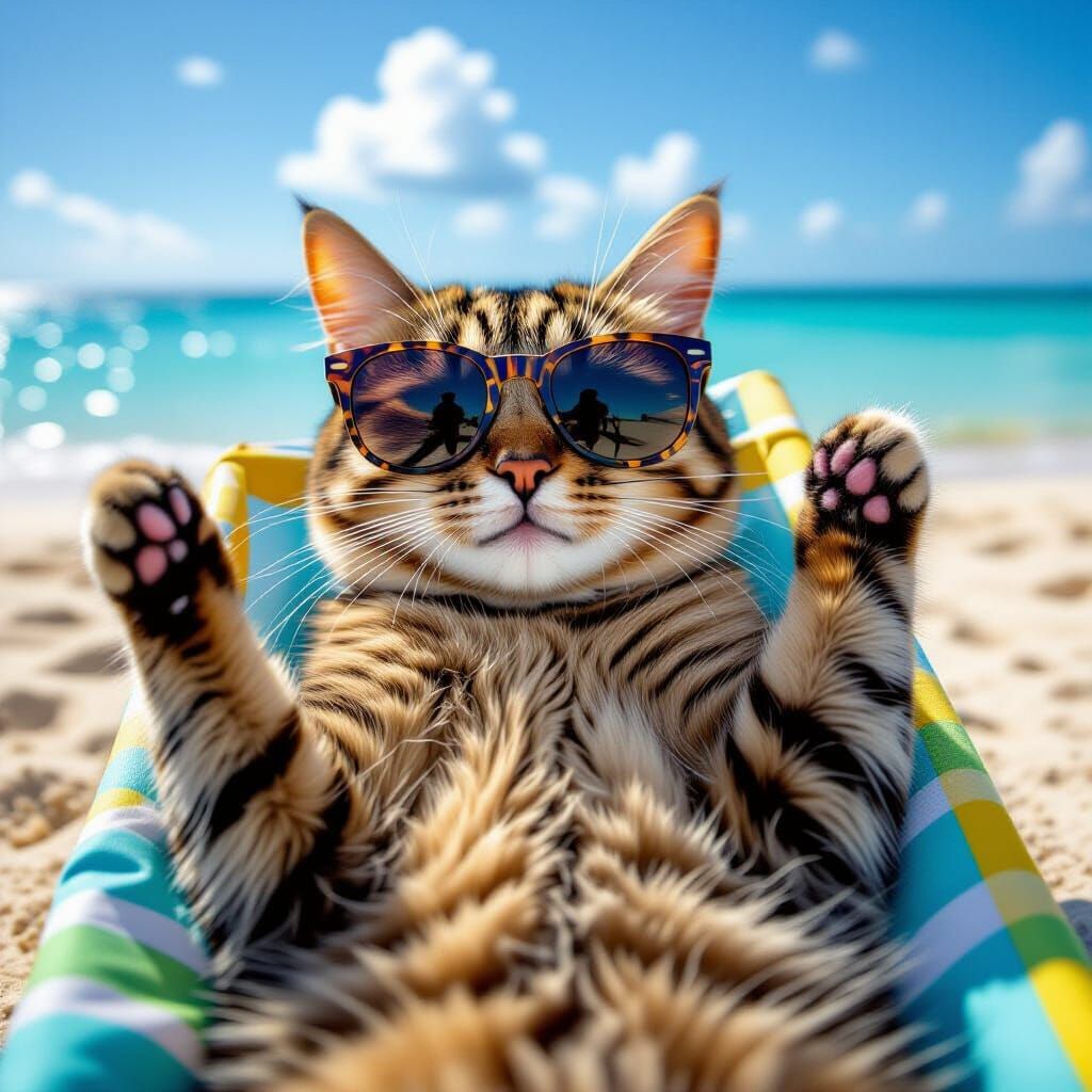 Cat Sunbathing on Beach with Sunglasses