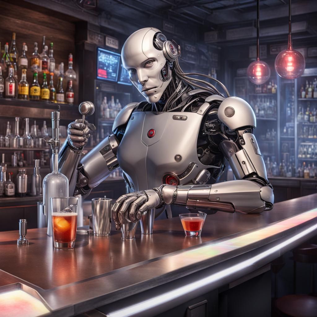 Cyborg Bartender in Cyberpunk Setting