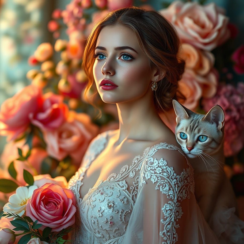 Ethereal Bride Adorned in Lace and Florals, Surrounded by Vi...