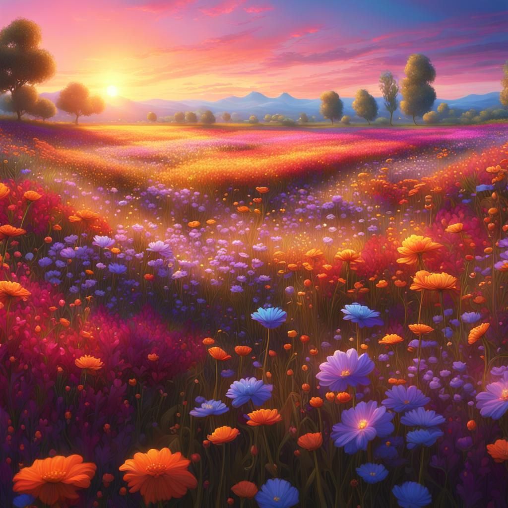 Impressionistic Sunset Over a Colorful Flower Field
