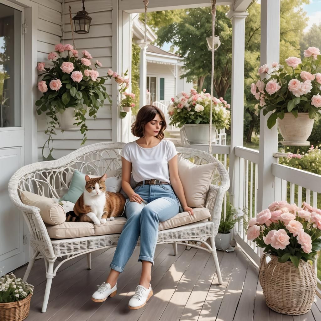 Hyperrealistic Veranda Scene with Woman and Cat