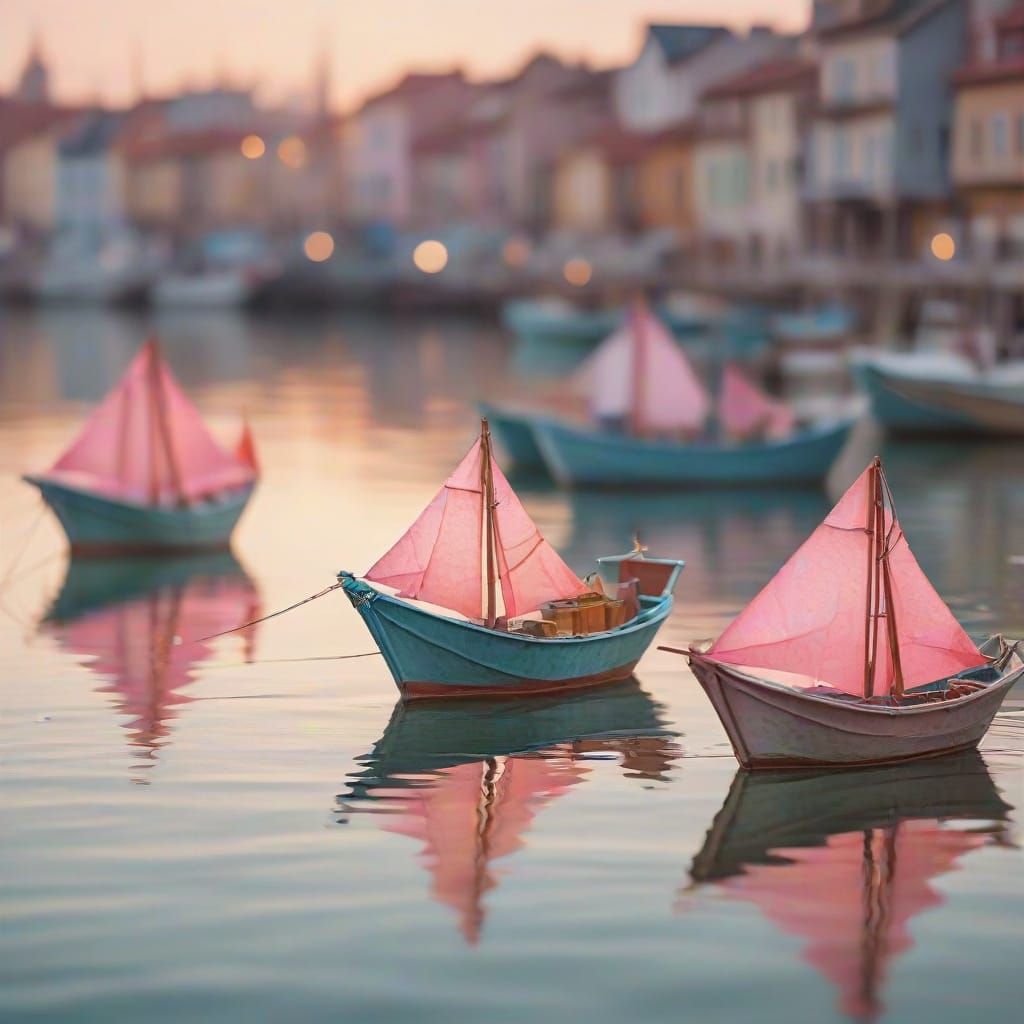 Watercolor Fishing Boats in Golden Light