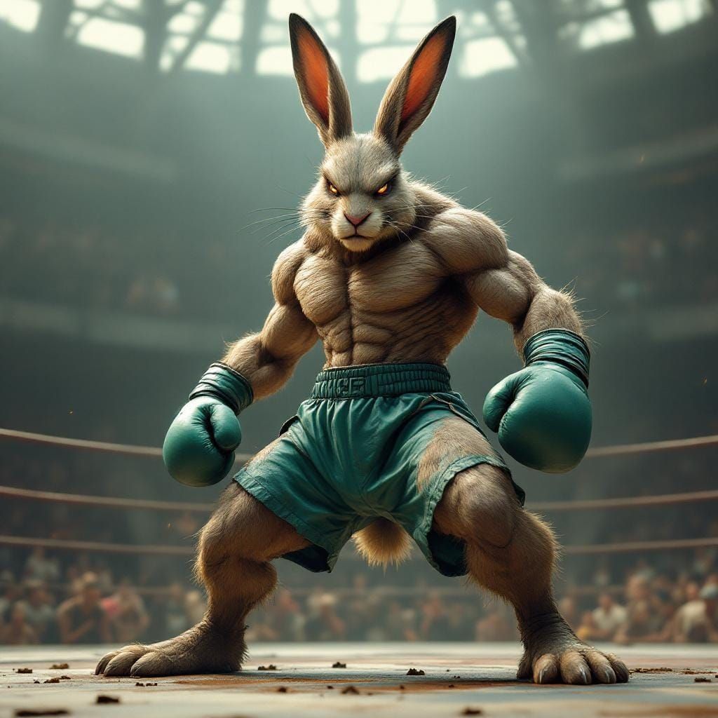 Jackrabbit Boxer in Boxing Ring: Hyper-Realistic 9K Image