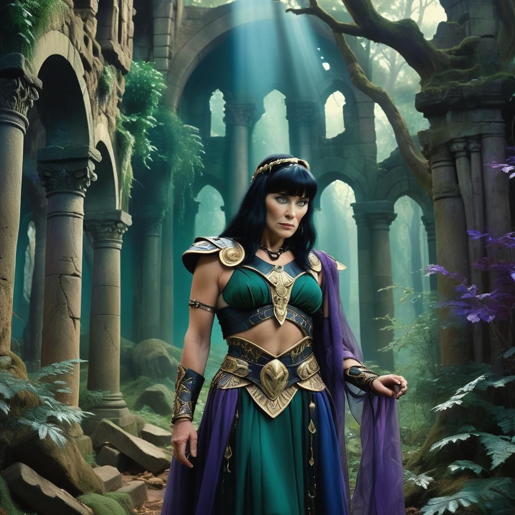 Elderly Xena in Mystical Forest, Pre-Raphaelite Style