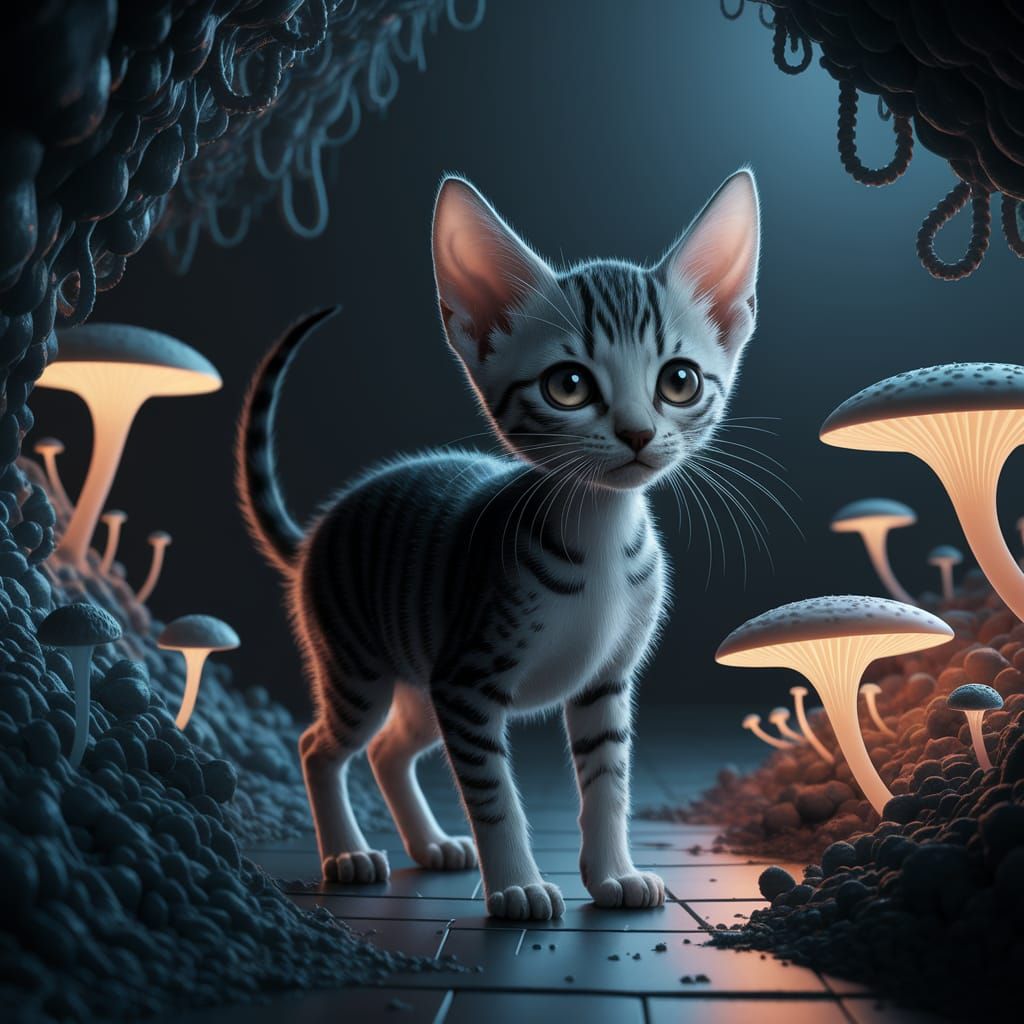 Surreal Kitten in Futuristic Biomechanical Lair