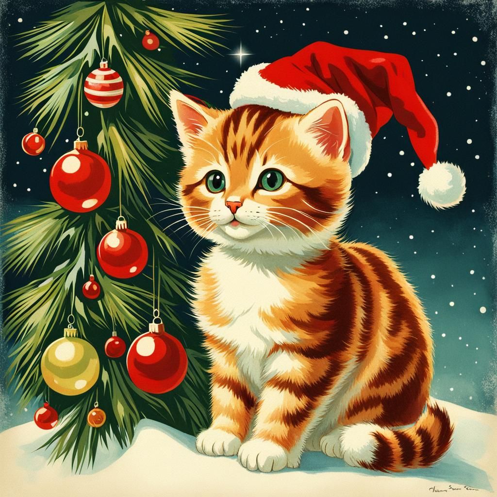 Retro Christmas Cat Illustration