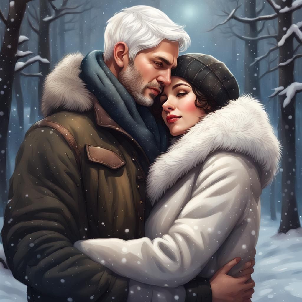 Elegant Couple in Winter Forest, Hyperrealistic Art