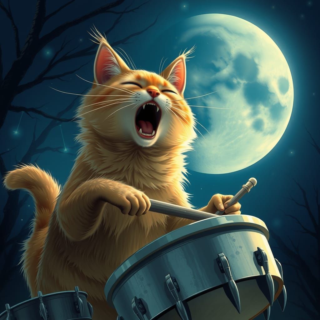 Cat Plays Cymbals Under Moonlight