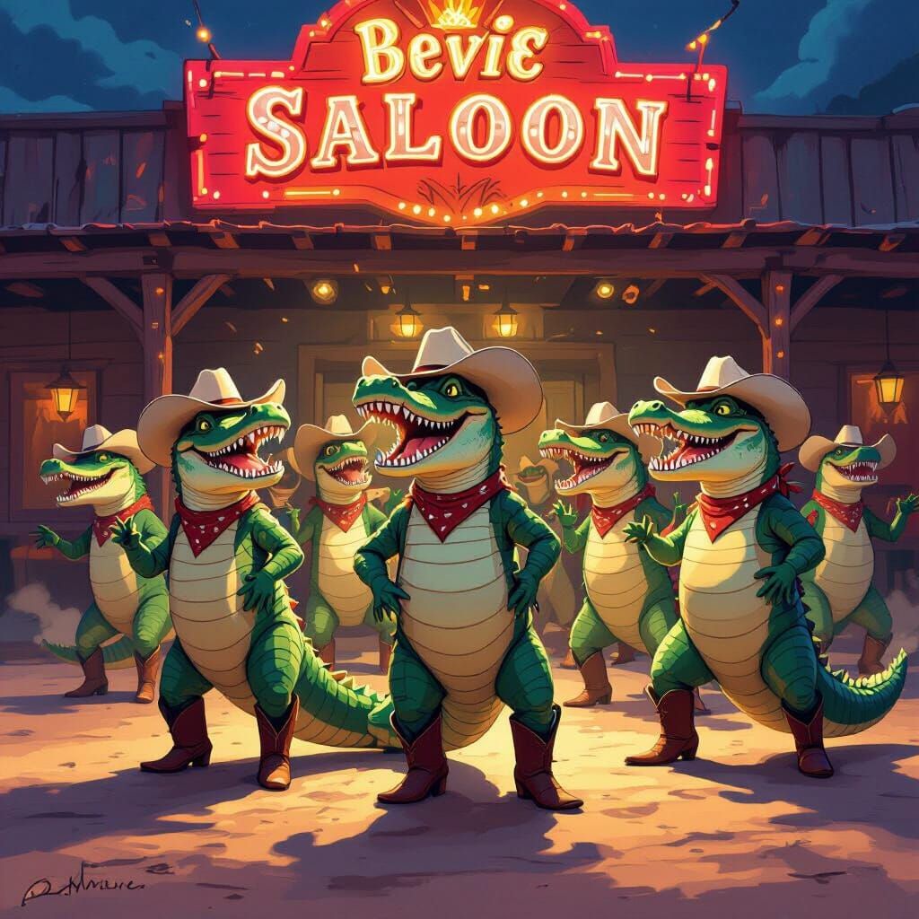 Anthropomorphic Alligators Line Dancing in Neon Saloon