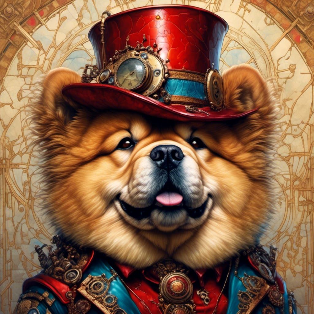 A chow chow dog wearing a red top hat.