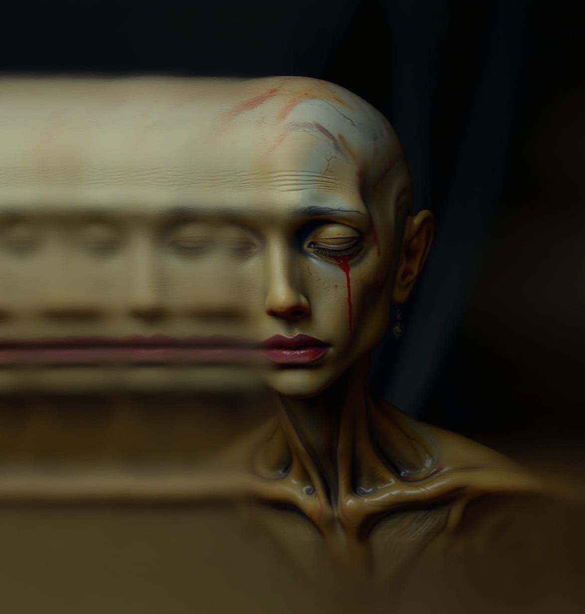 Surreal Figures with Red Tears in Dark Fantasy Style