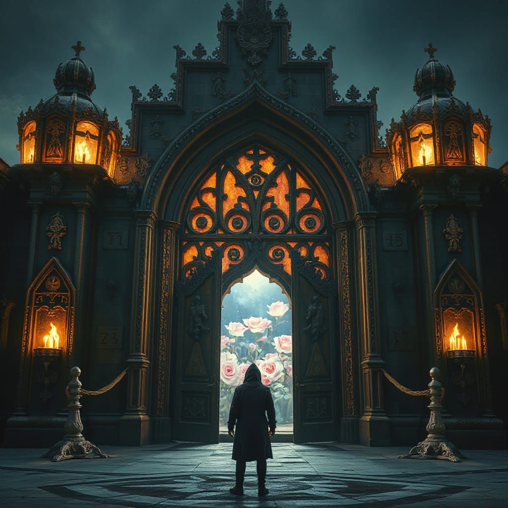 Mysterious Figure Before Ancient Crystal Rose Gate