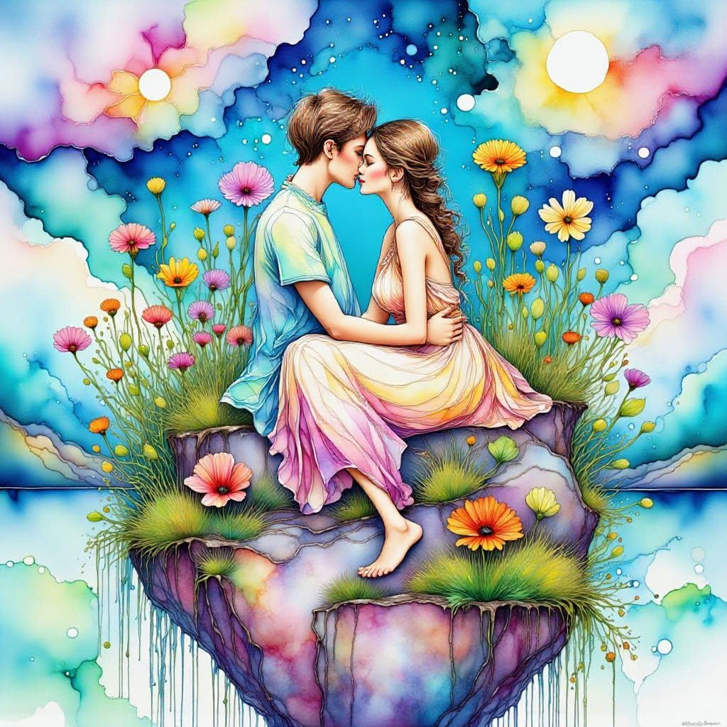 Fantasy Island Embrace in Watercolor and Ink