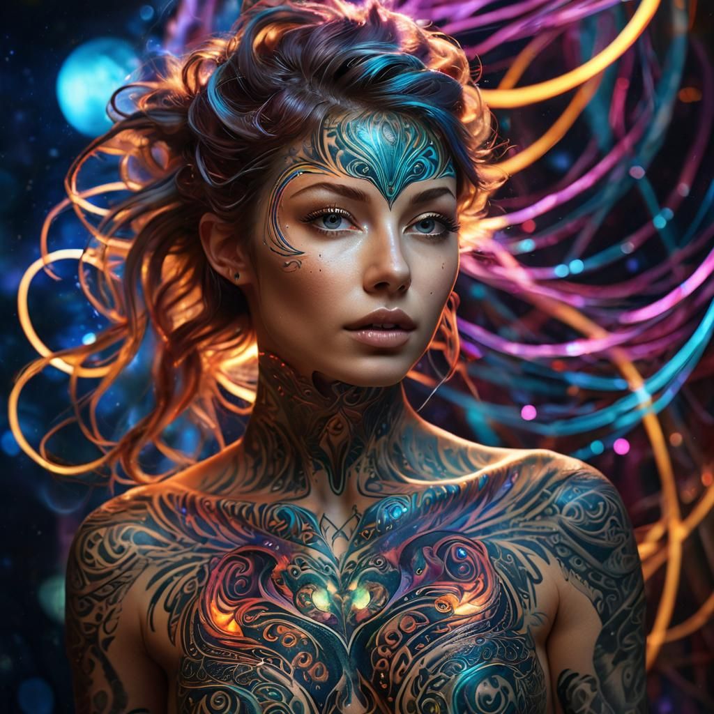 Transcendent Tattooed Woman in Surreal Style