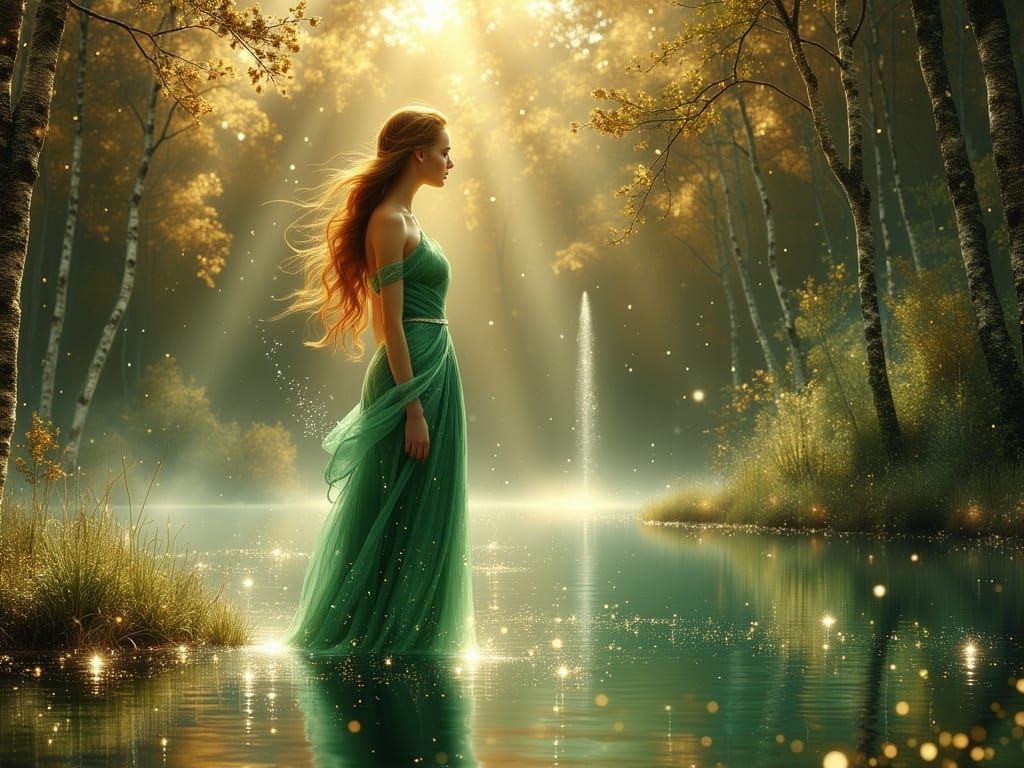 Young Princess in Emerald Gown by River at Dawn