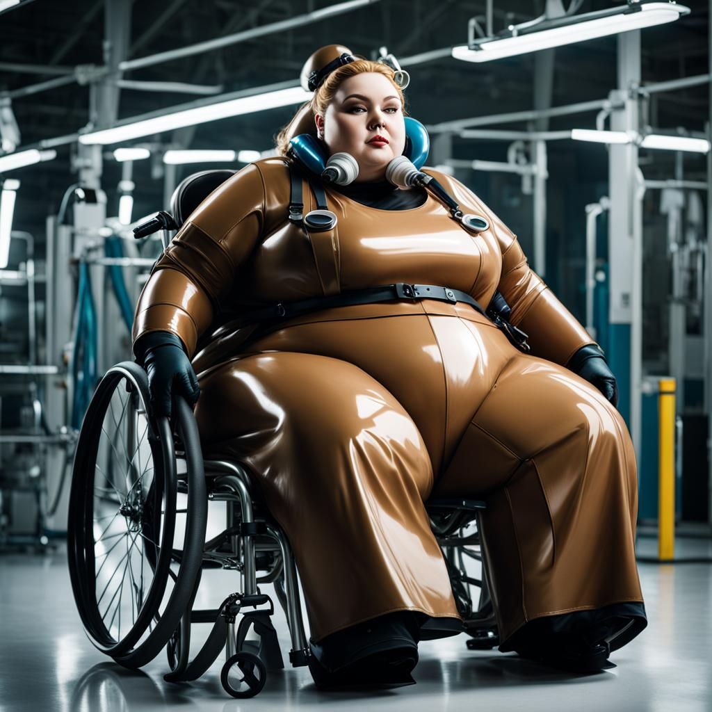 ssbbw. she wears a brown latex medical suit,