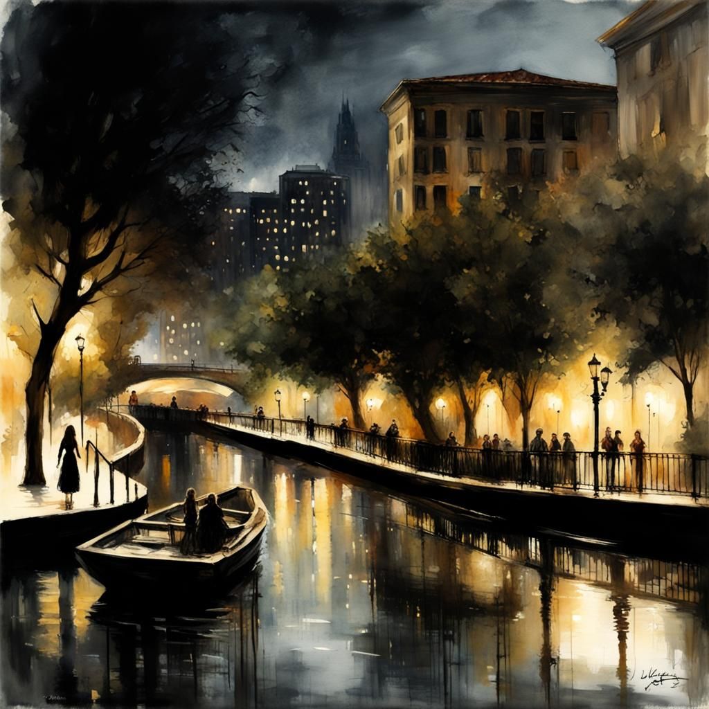 Sinister San Antonio Riverwalk in Watercolor Style