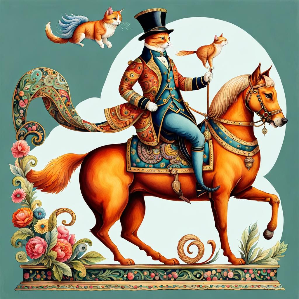 Anthropomorphic Cat Rides Dog in Watercolor Style