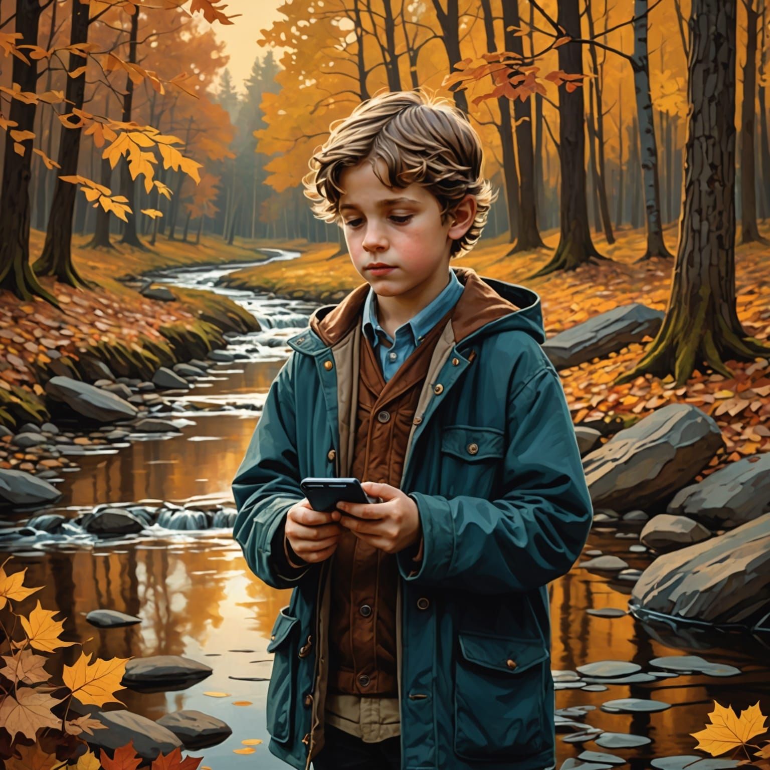 Autumn Woods Collage: Boy by Meandering Stream