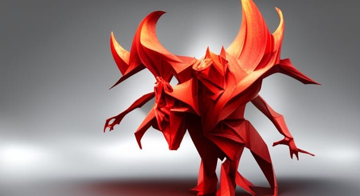 Origami Demon in Hellish Landscape