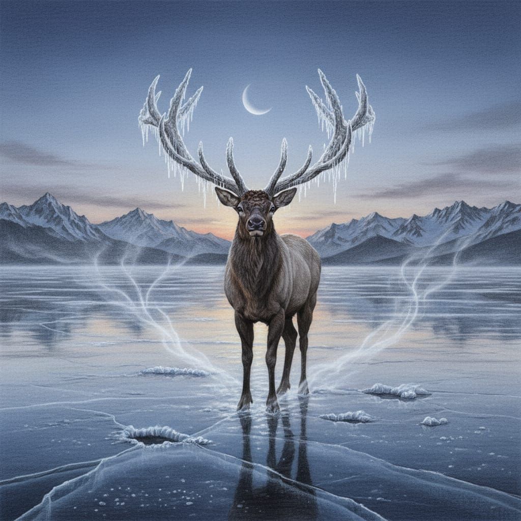Majestic Elk on Frozen Lake in Twilight