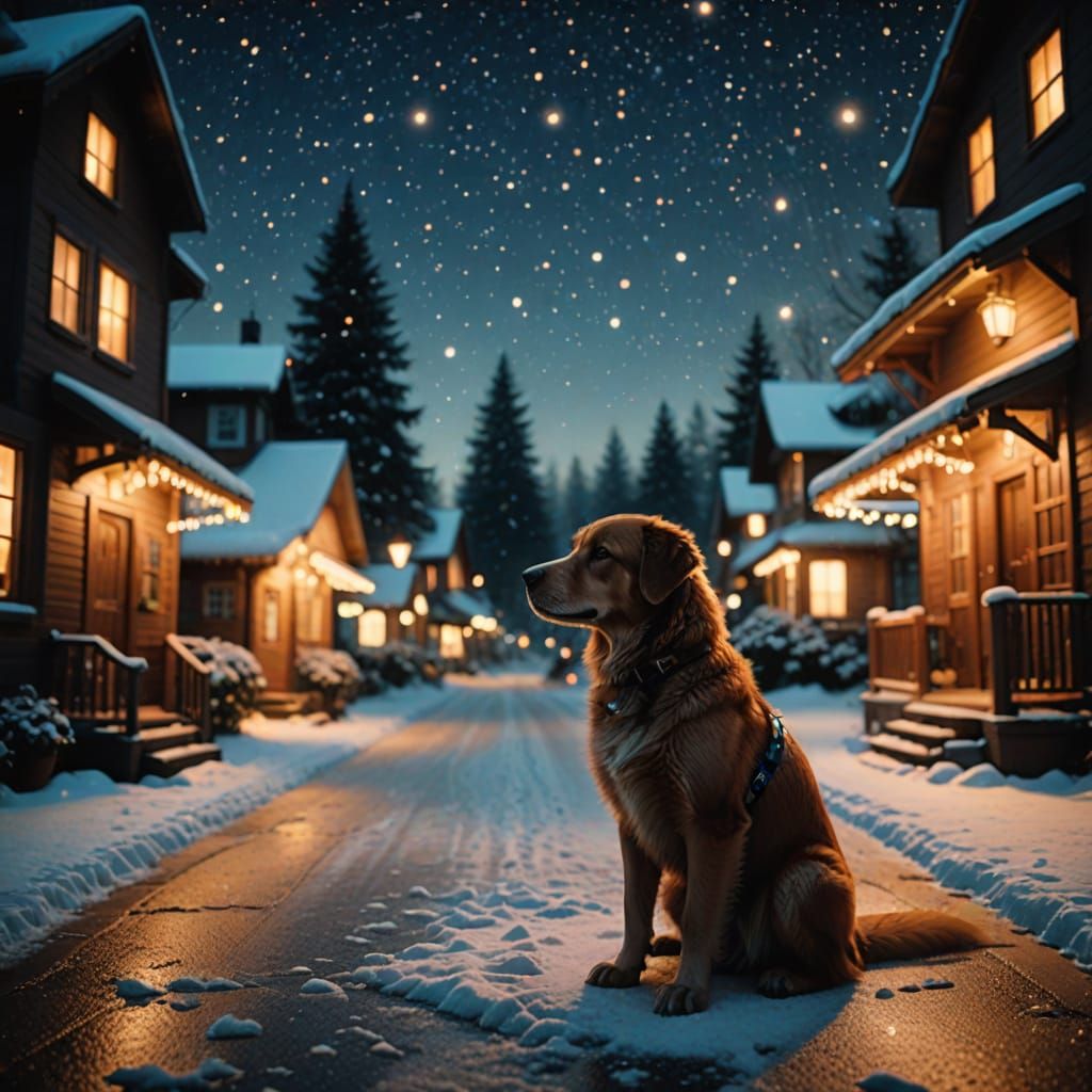 Magical Christmas Scene with Twinkling Lights and Stars