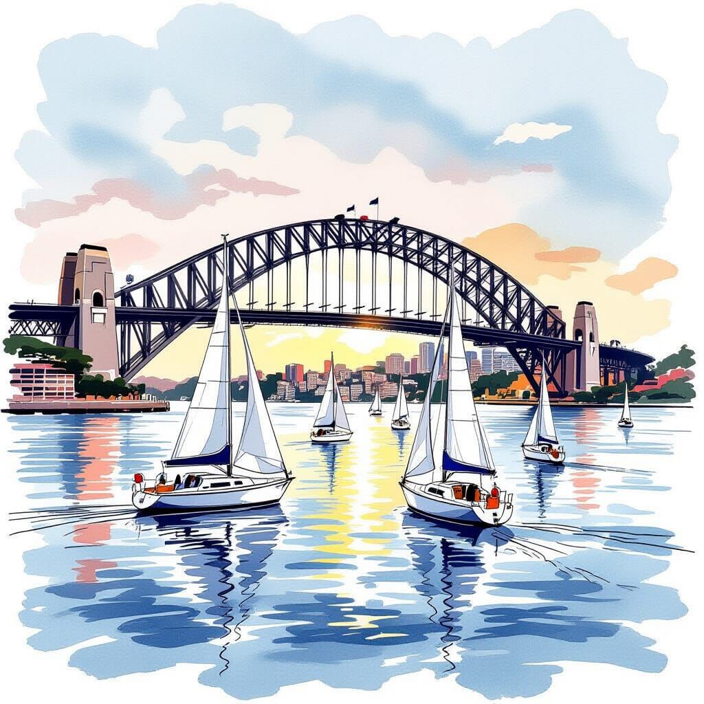 Sailboats on Sydney Harbour Sketch Illustration