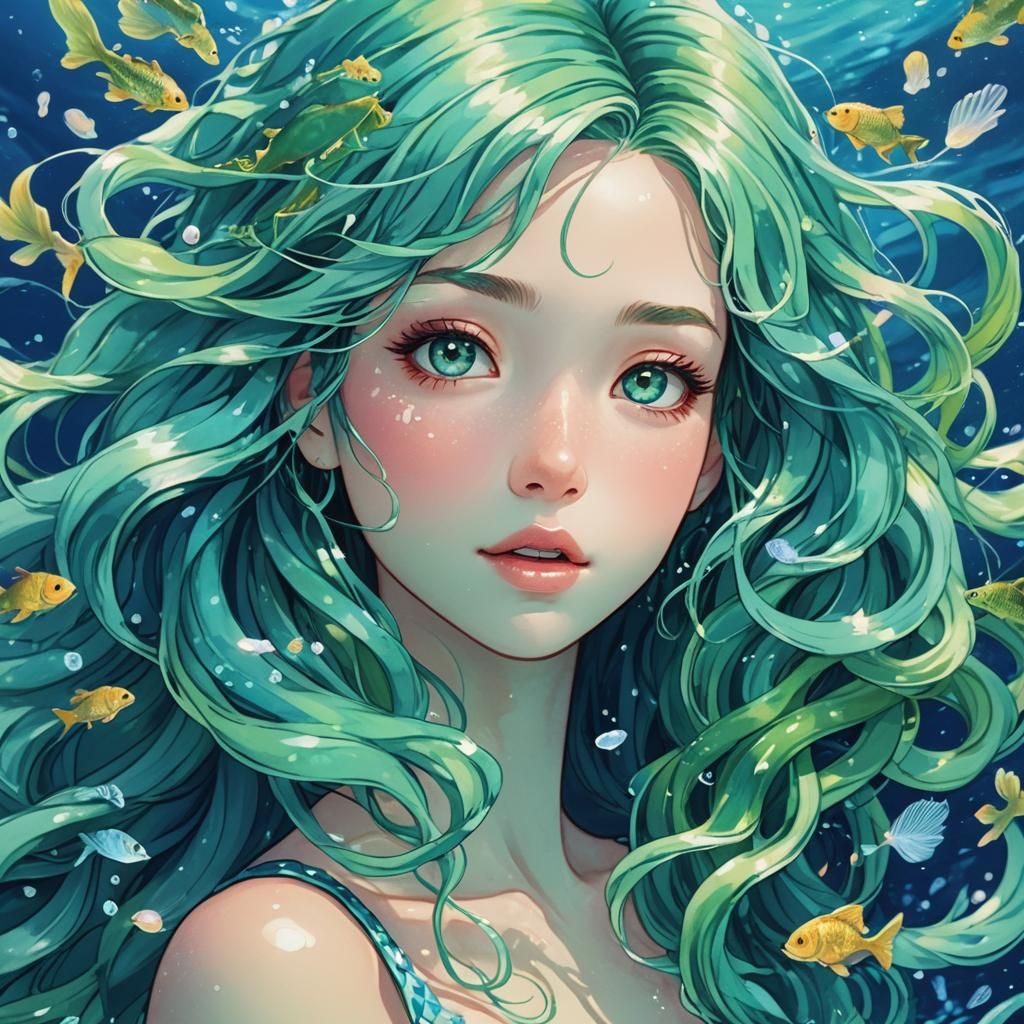 Aqua Mermaid's Kiss: Anime-Style Underwater Portrait