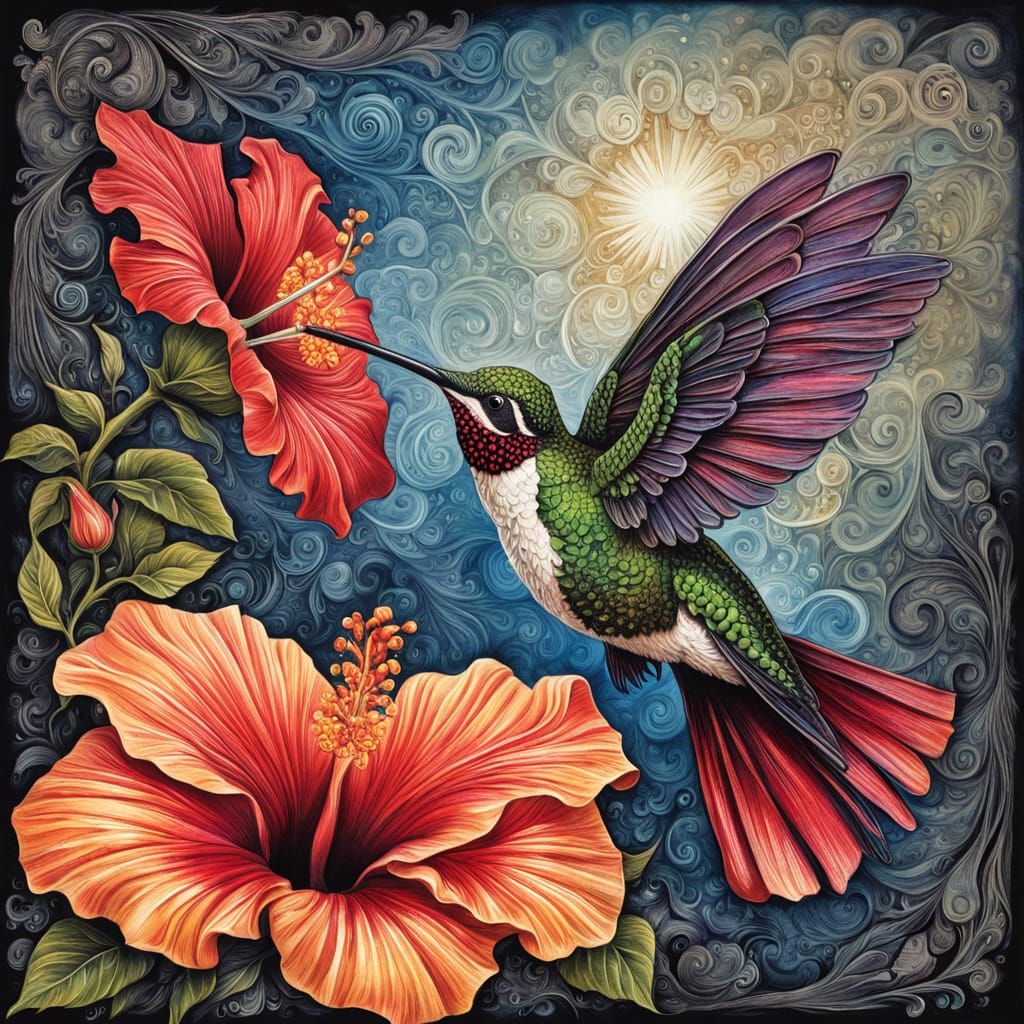 Hummingbird Sipping Nectar, Scratchboard Surrealist Art