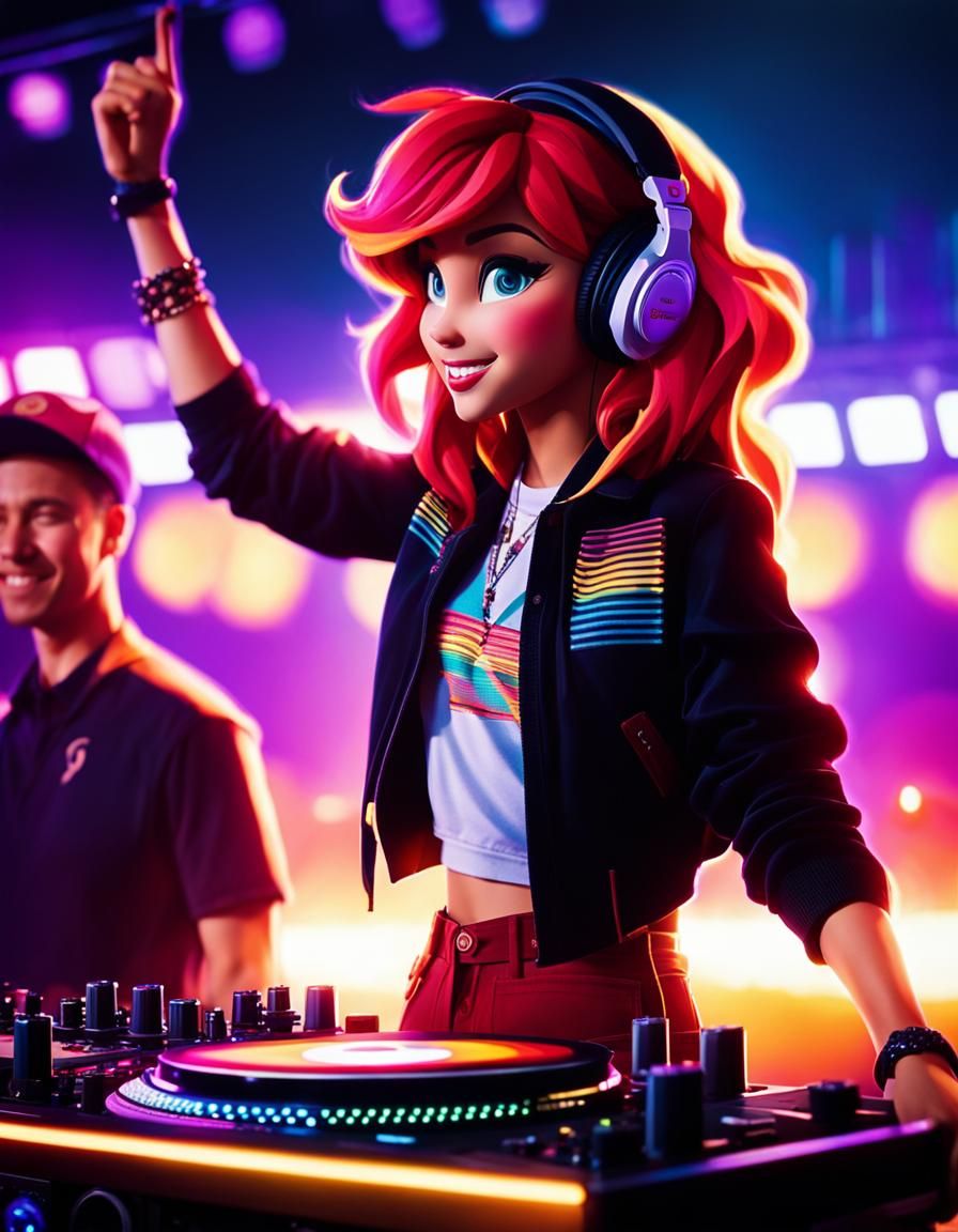 Sunset Shimmer as DJ in Cinematic Film Still