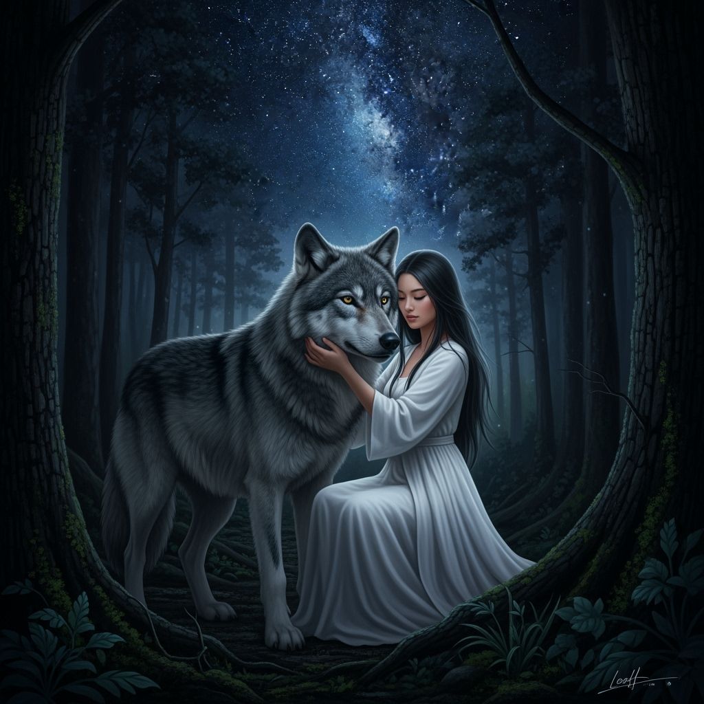 Woman Hugging Wolf Under Starry Sky
