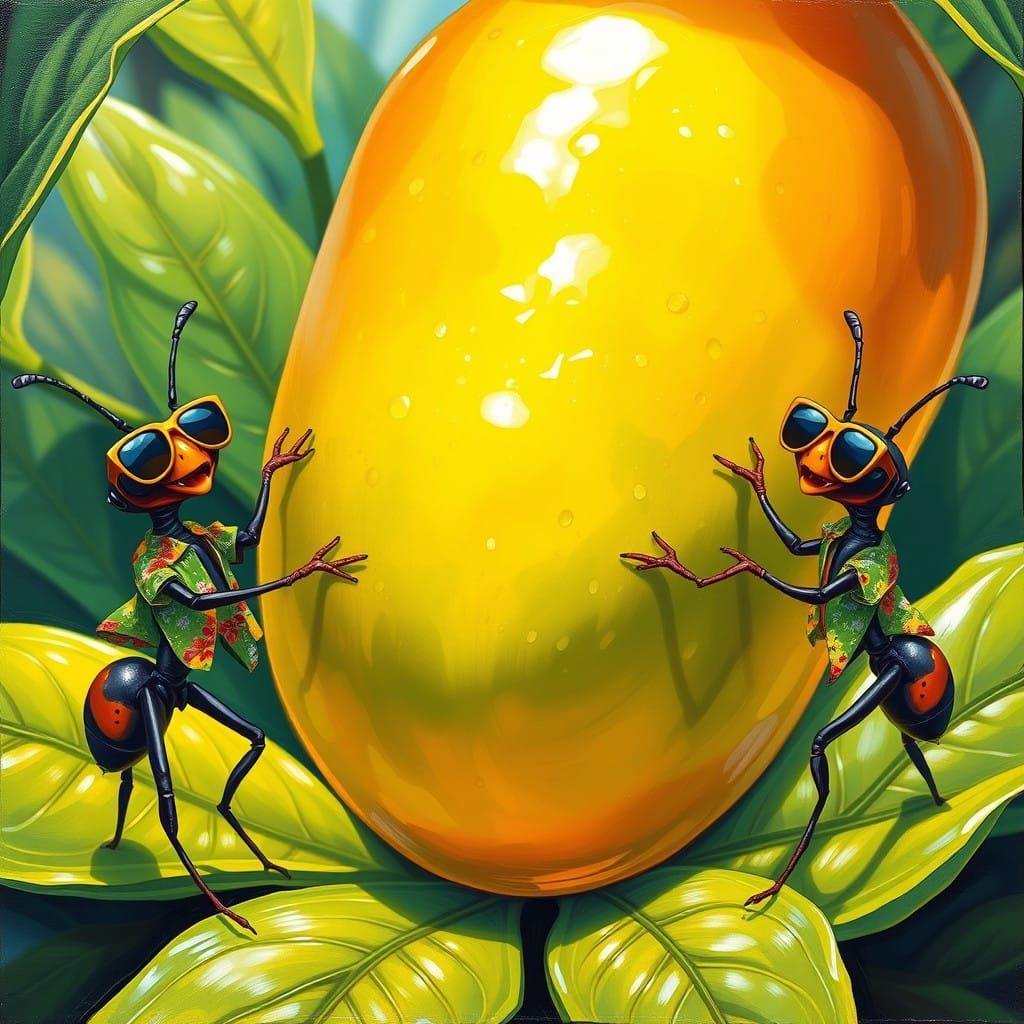 Vibrant Ants Gather Around Glowing Fruit in Whimsical, Surre...