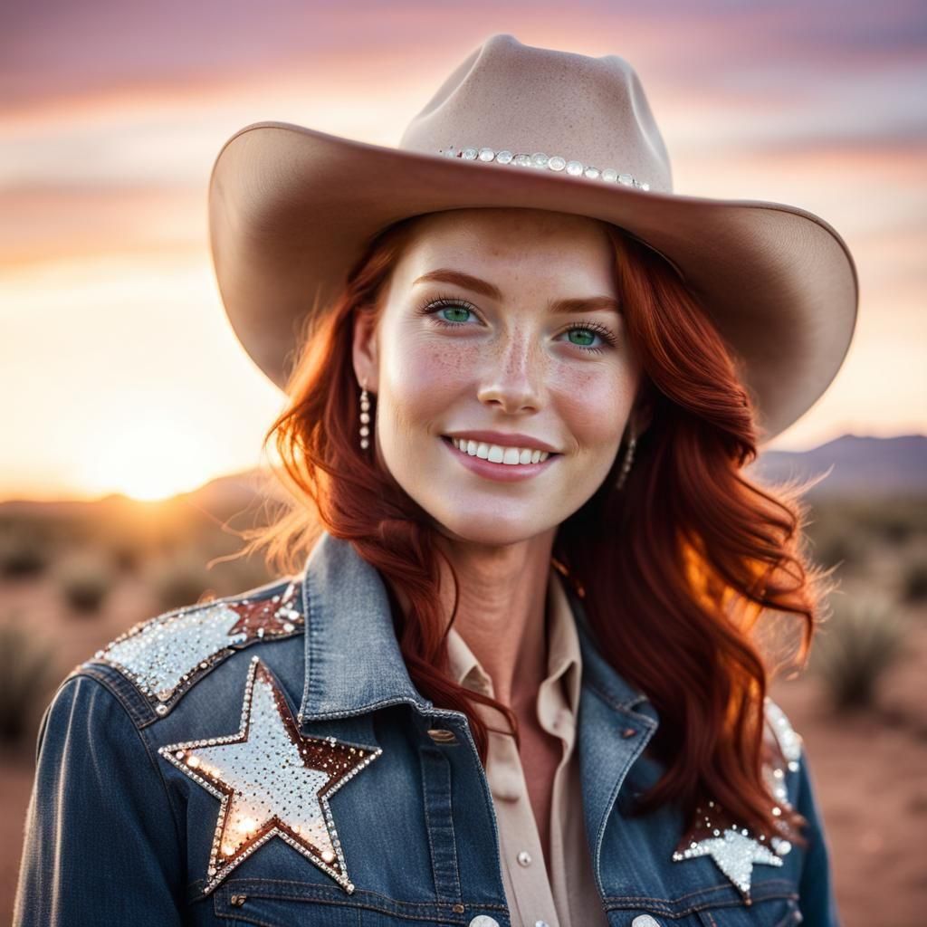 Redhead Cowgirl with Bedazzled Jacket in Sunset Light