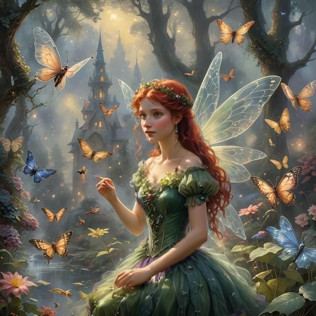 Ethereal Fairy with Insect Wings in Misty Landscape