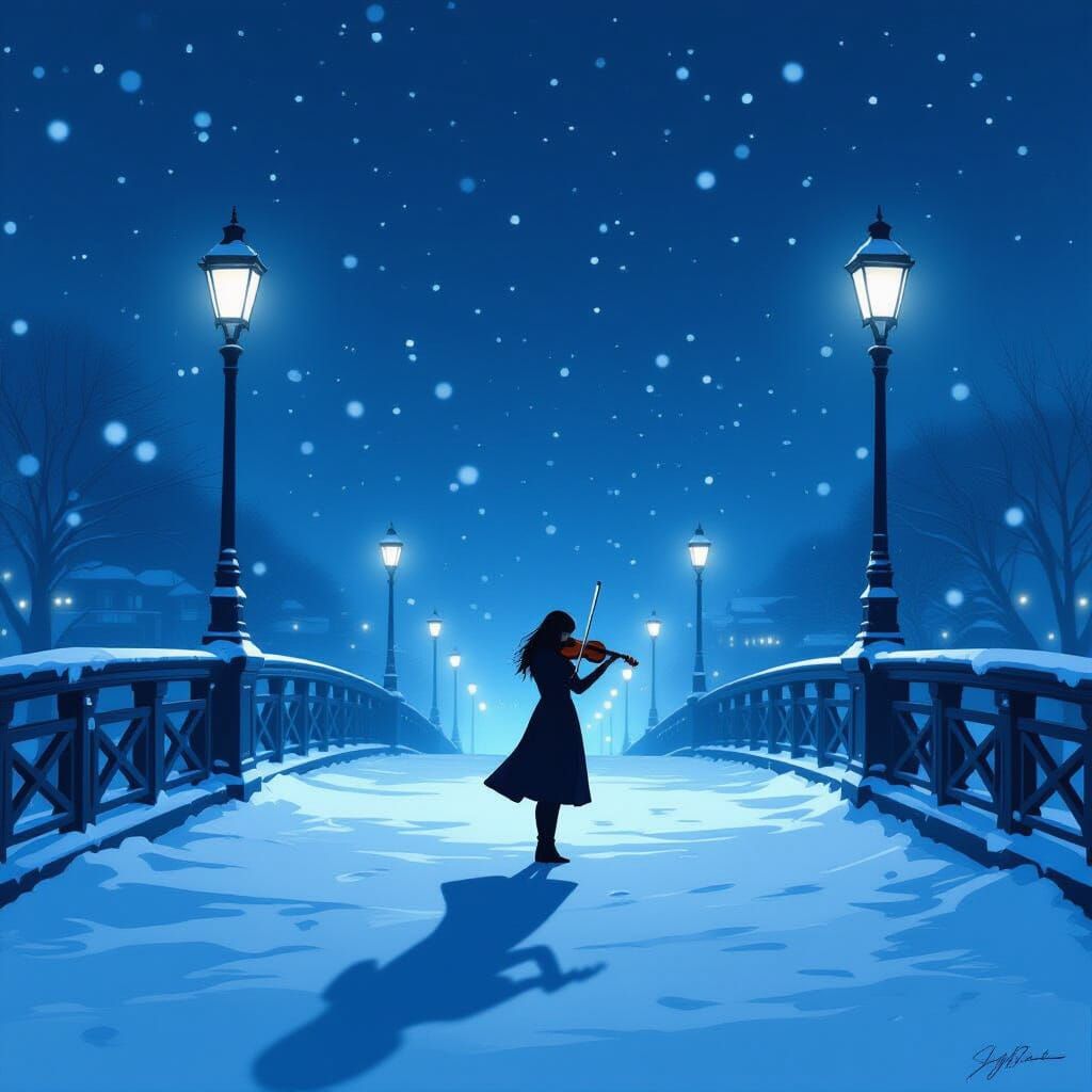 Violinist on Snowy Bridge Under Ethereal Light