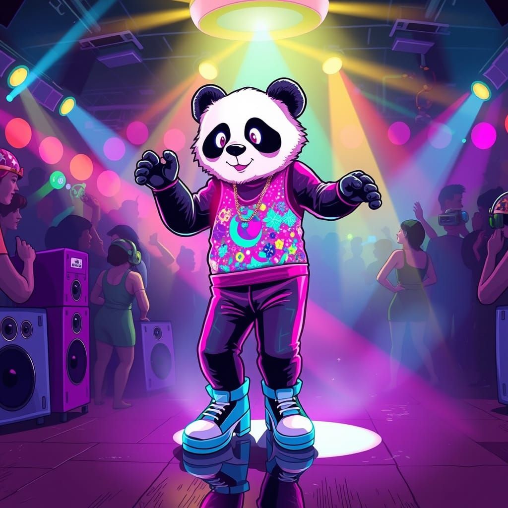 Glowing Panda Dances in Futuristic Disco Scene